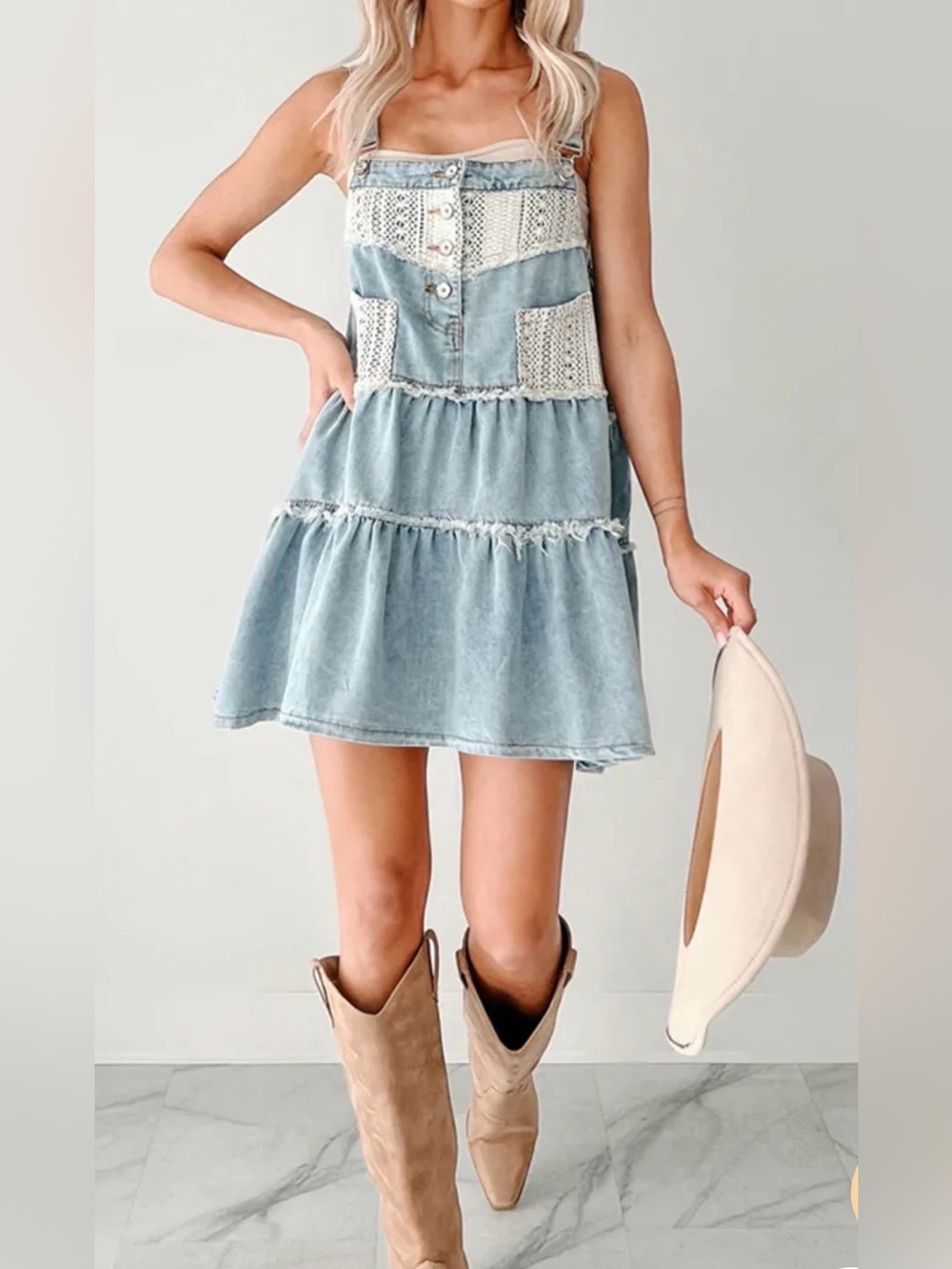 POL Light Blue Denim Tiered Tank Dress with Lace Pockets